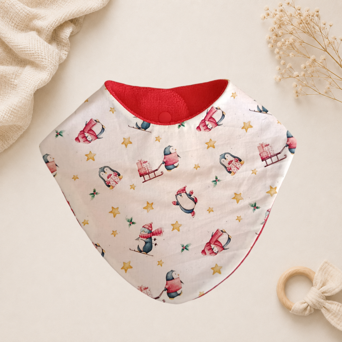 Bavoir bébé artisanal Raph’&Rom pinguin