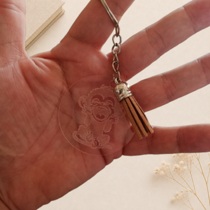 Porte clés en plexiglas transparent gravé avec motif singe