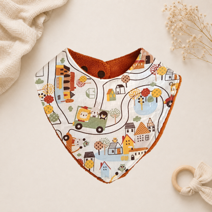 Bavoir bébé artisanal Raph’&Rom animaux ville