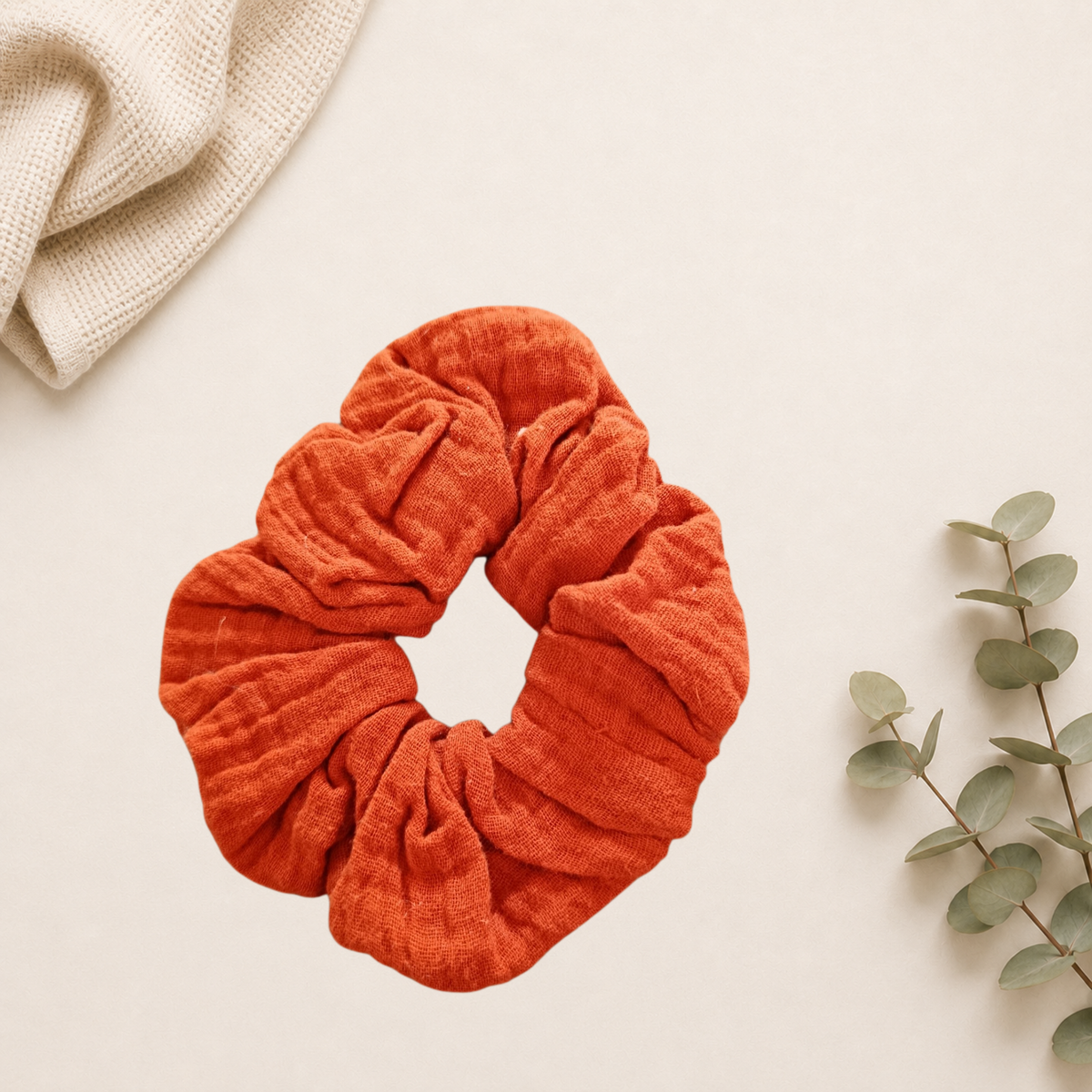 Chouchou gaze de coton fait main en France terracotta 
