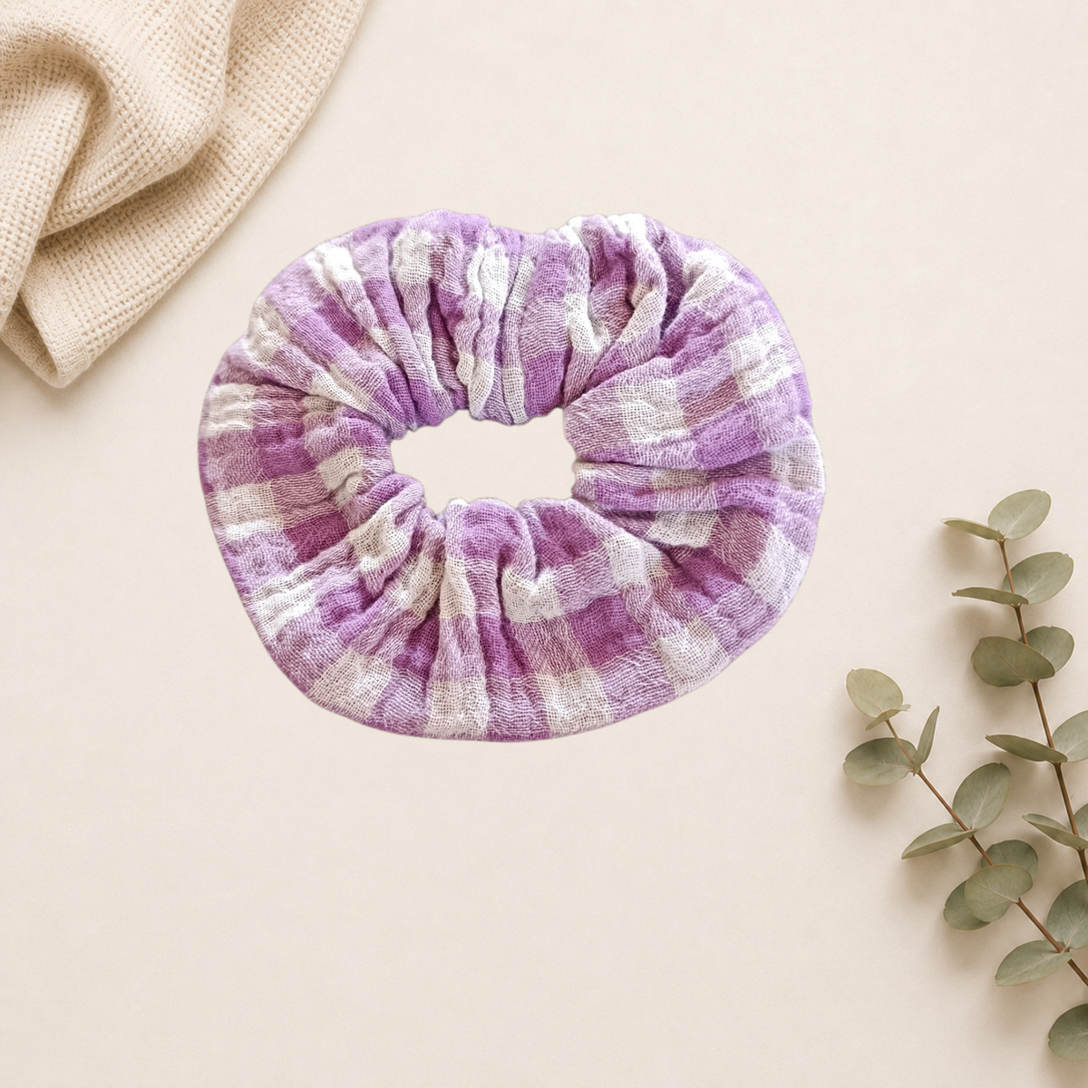 Chouchou gaze de coton fait main en France violet vichy