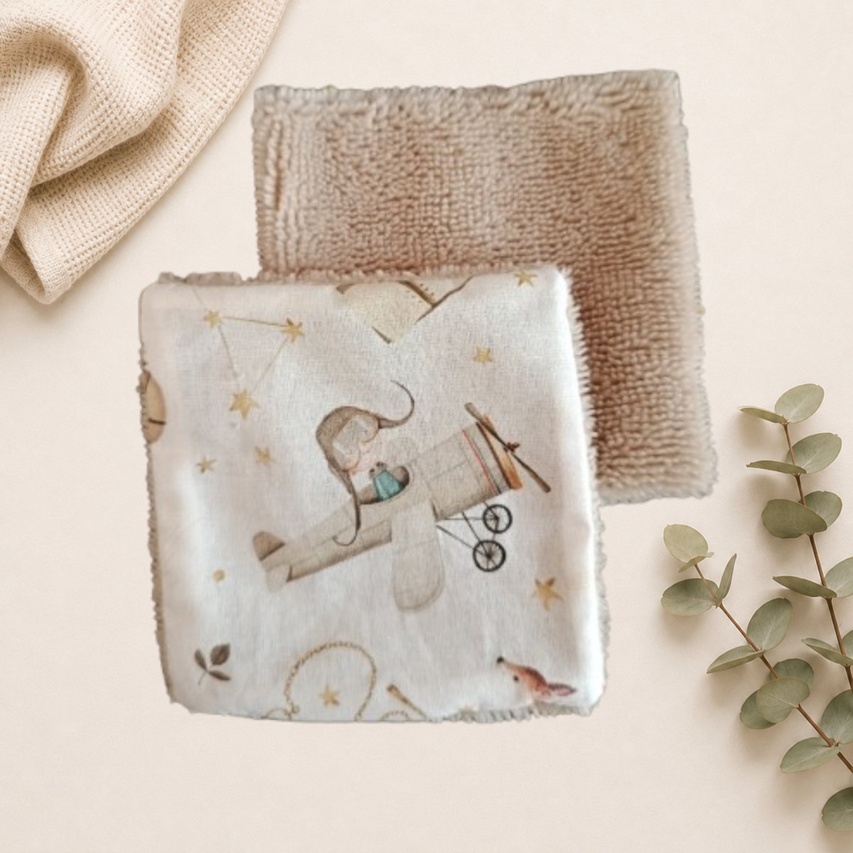 Coton lavable pour enfant, face en tissu motif Petit prince et verso en éponge bambou beige