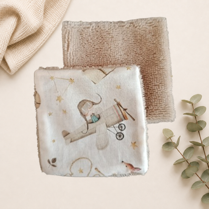 Coton lavable pour enfant, face en tissu motif Petit prince et verso en éponge bambou beige