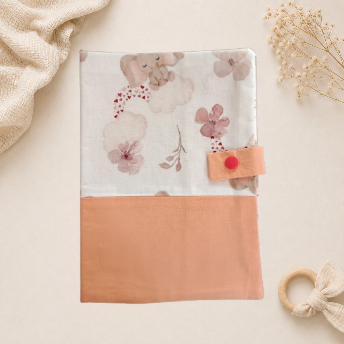 Protège carnet de santé artisanal Raph’&Rom elephant rose