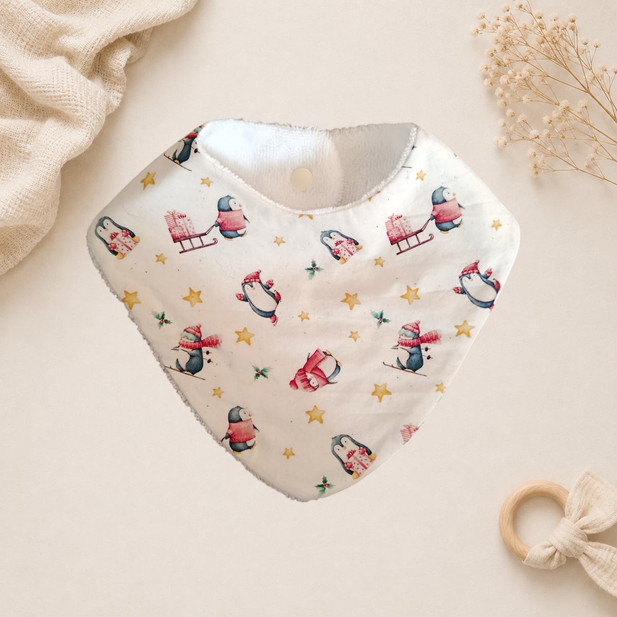 Bavoir bébé artisanal Raph’&Rom pinguin 