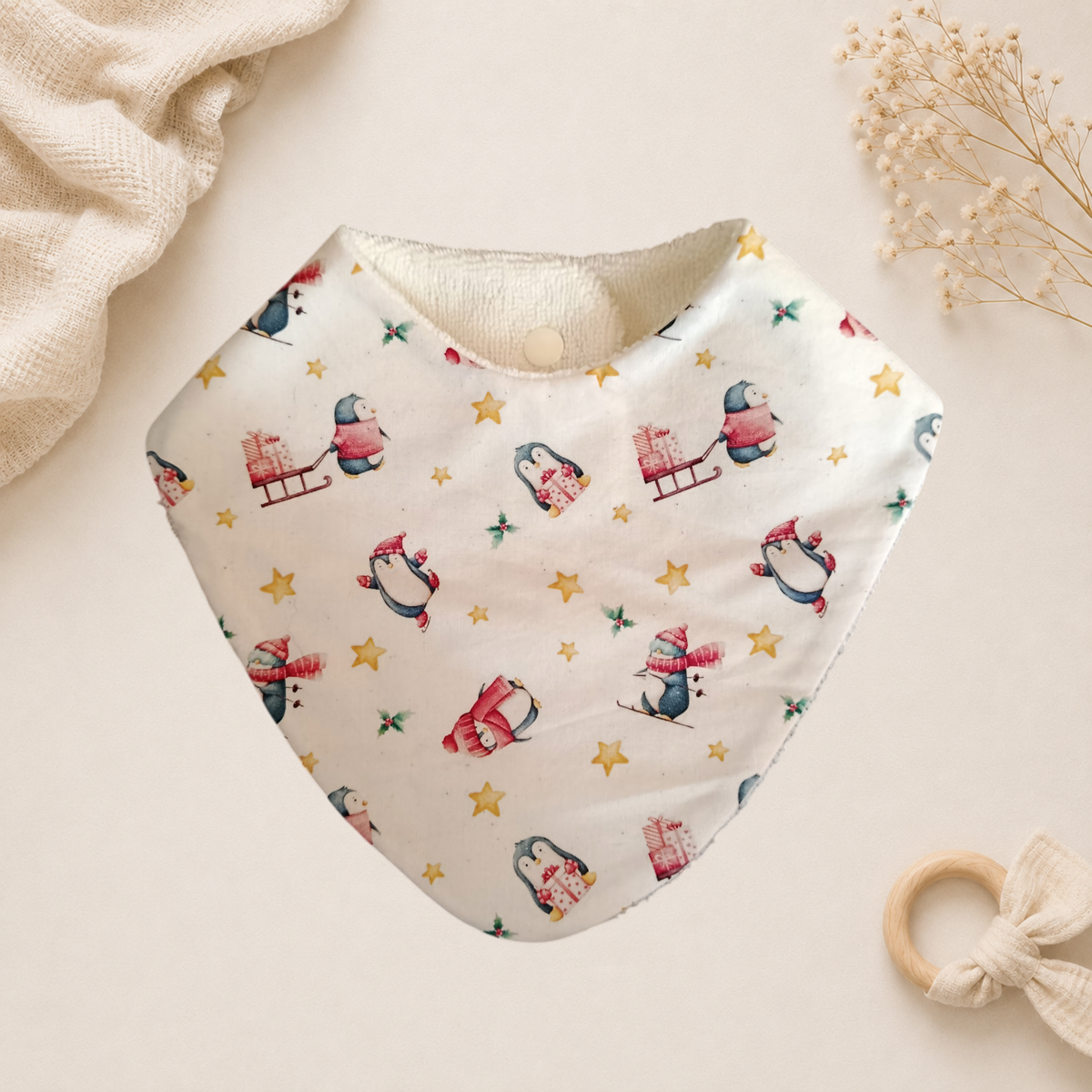 Bavoir bébé artisanal Raph’&Rom pinguin