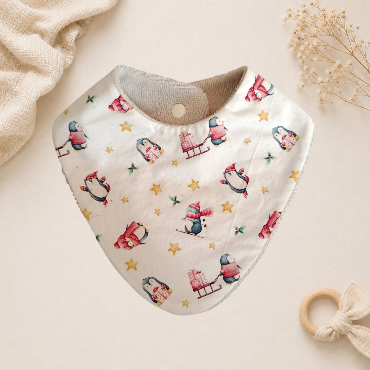 Bavoir bébé artisanal Raph’&Rom pinguin