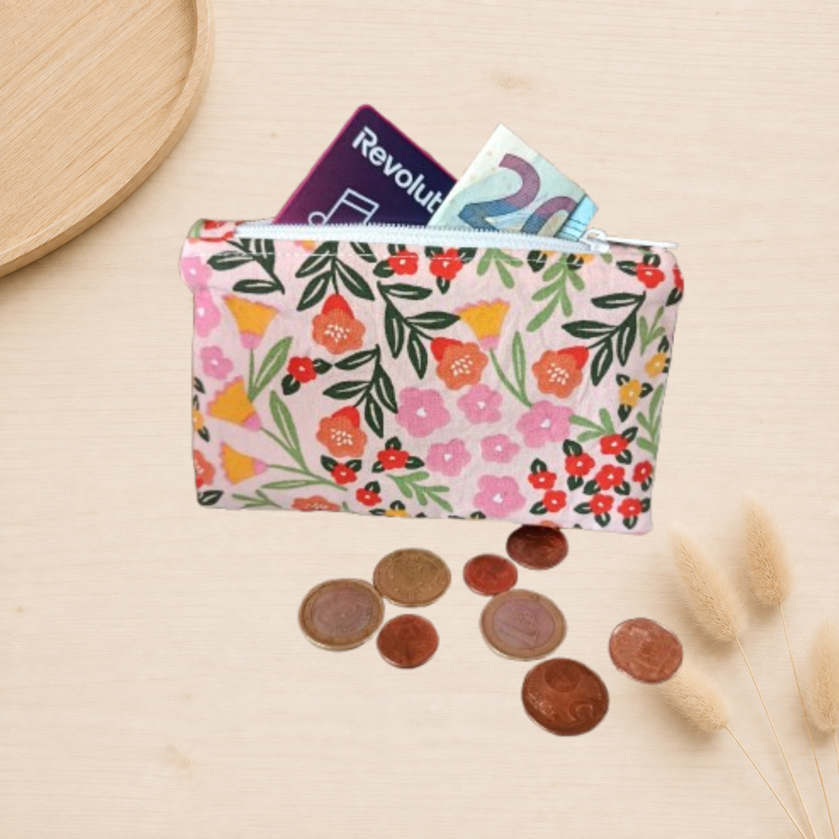 Porte monnaie ouvert fleuri et intérieur uni et fermeture éclair blanche