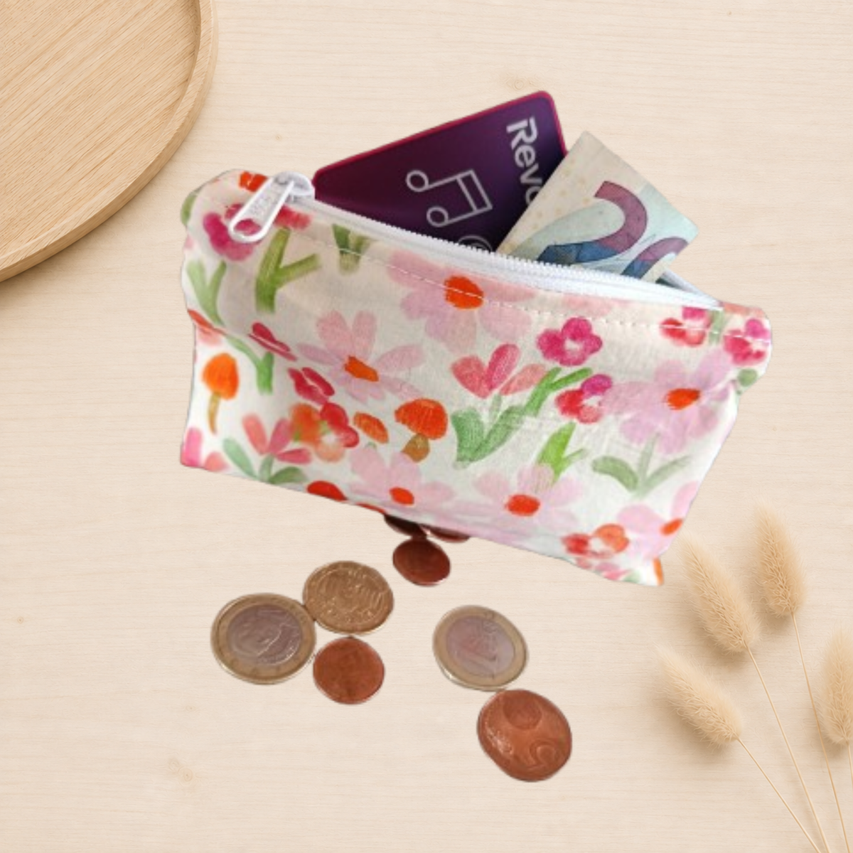 Porte monnaie fleurs rose et doublure unie et fermeture éclair blanche