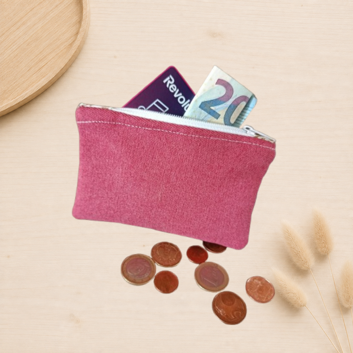 Porte monnaie en velours rose, avec doublure et fermeture éclair blanche