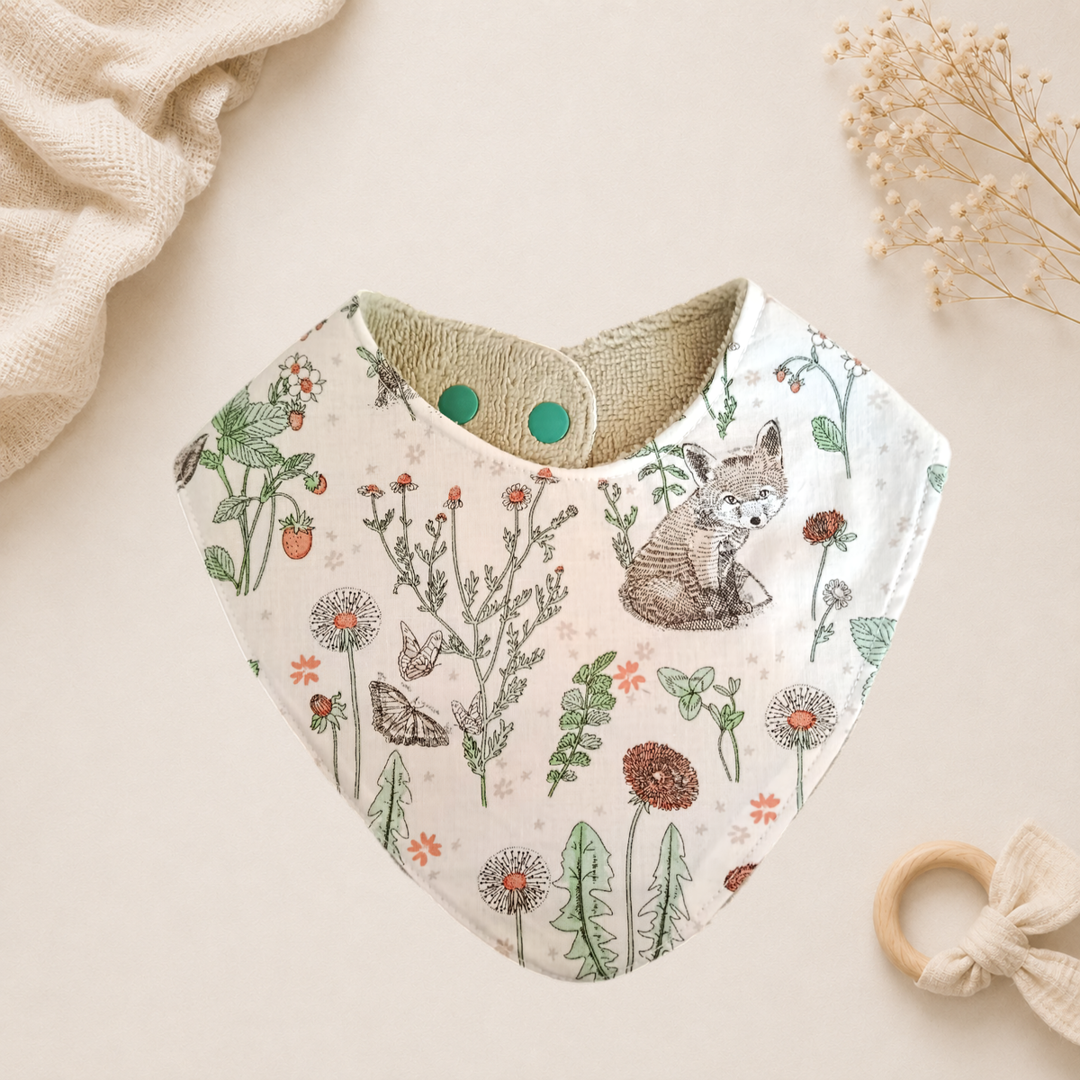 Bavoir bébé artisanal motif renard Raph’&Rom